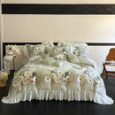 French flowers mint & white lace ruffles bedding set bedroom decor