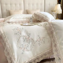 French lace flowers ivory satin bedding set bedroom floral embroidery