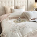 French lace flowers ivory satin bedding set bedroom floral embroidery