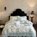French lace ruffles light blue & white bedding set bedroom quilt cover