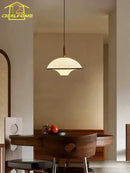 French medieval saucer cream and brass pendant light dining room