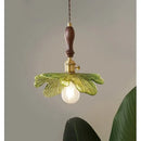 French minimalist green glass copper wood pendant lamp dining room