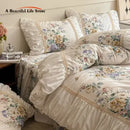 French pastoral princess cream floral lace bedding set bedroom cotton