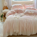 French princess lace pink velvet bedding set bedroom ruffles and bows