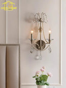 French retro antique brass crystal wall lamp living room sconce