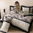 French retro rayon beige & black leaf bedding set bedroom duvet cover