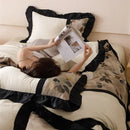 French retro rayon beige & black leaf bedding set bedroom duvet cover