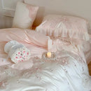 French romantic pink & blue lace ruffles bedding set bedroom floral