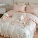 French romantic pink & blue lace ruffles bedding set bedroom floral