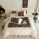 French rose flowers bedding set – bedroom cream ruffled cotton lace