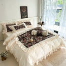 French rose flowers bedding set – bedroom cream ruffled cotton lace