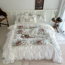 French rose flowers bedding set – bedroom cream ruffled cotton lace