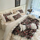French rose flowers bedding set – bedroom cream ruffled cotton lace