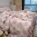 French rose flowers print ruffled cotton bedding set bedroom