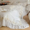 French rose flowers white satin lace bedding set bedroom ruffles