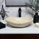 Oval Chiseled Tan Travertine Vessel Bathroom Sink - Handcrafted Natural Stone Above Counter Vanity Basin