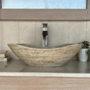 Oval Polished Tan Travertine Vessel Bathroom Sink - Handcrafted Natural Stone Above Counter Vanity Basin