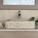 Rectangle Tan Travertine Vessel Bathroom Sink - Handcrafted Natural Stone Above Counter Vanity Basin