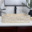 Rectangle Tan Travertine Vessel Bathroom Sink - Handcrafted Natural Stone Above Counter Vanity Basin