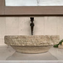 Round Tan Travertine Vessel Bathroom Sink - Handcrafted Natural Stone Above Counter Vanity Basin
