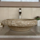 Round Tan Travertine Vessel Bathroom Sink - Handcrafted Natural Stone Above Counter Vanity Basin