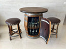 Oak Barrel Pub Table Set, Counter Height Wood Glass Top, Cabinet Storage, Bar Stools, Home Bar, Man Cave - Handmade from Family Business