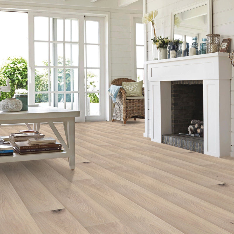 Engineered Hardwood Galiano Oak 6.5" Wide - Totem Collection installed bright living room white fireplace and coffee table in white color