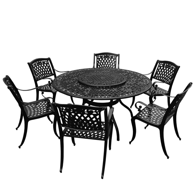 Outdoor Aluminum 7pc Round Patio Dining Set, Lazy Susan, Six Chairs