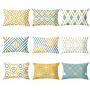 Geometric striped curved rectangle pillows yellow & teal living room