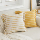 Geometric tufted yellow cushion cover with crochet tassels living room