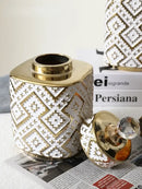 Geometric white and golden relief decorative jar kitchen canister