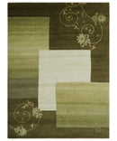 Geometrical Olive and Ivory Floral design Hand knotted 6x8 wool and Art Silk Area Rug