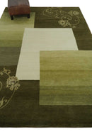 Geometrical Olive and Ivory Floral design Hand knotted 6x8 wool and Art Silk Area Rug