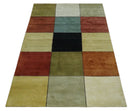 Geometrical Square Shape Black, Olive, Rust and Silver Stripes 5x8 wool and Art Silk rug