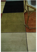Geometrical Square Shape Black, Olive, Rust and Silver Stripes 5x8 wool and Art Silk rug