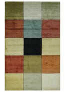 Geometrical Square Shape Black, Olive, Rust and Silver Stripes 5x8 wool and Art Silk rug