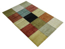 Geometrical Square Shape Black, Olive, Rust and Silver Stripes 5x8 wool and Art Silk rug