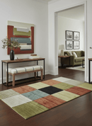 Geometrical Square Shape Black, Olive, Rust and Silver Stripes 5x8 wool and Art Silk rug
