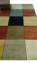 Geometrical Square Shape Black, Olive, Rust and Silver Stripes 5x8 wool and Art Silk rug