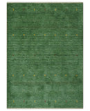 Geometrical Stripes Design Green, Ivory and Charcoal Hand loom 4.6x6.6 wool Area Rug