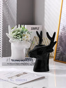 Glossy black deer head ceramic vase living room decor
