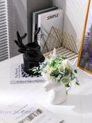 Glossy black deer head ceramic vase living room decor