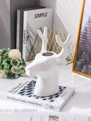 Glossy black deer head ceramic vase living room decor