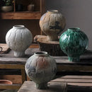 Glossy green ceramic spherical vase living room ribbed decor