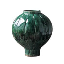 Glossy green ceramic spherical vase living room ribbed decor