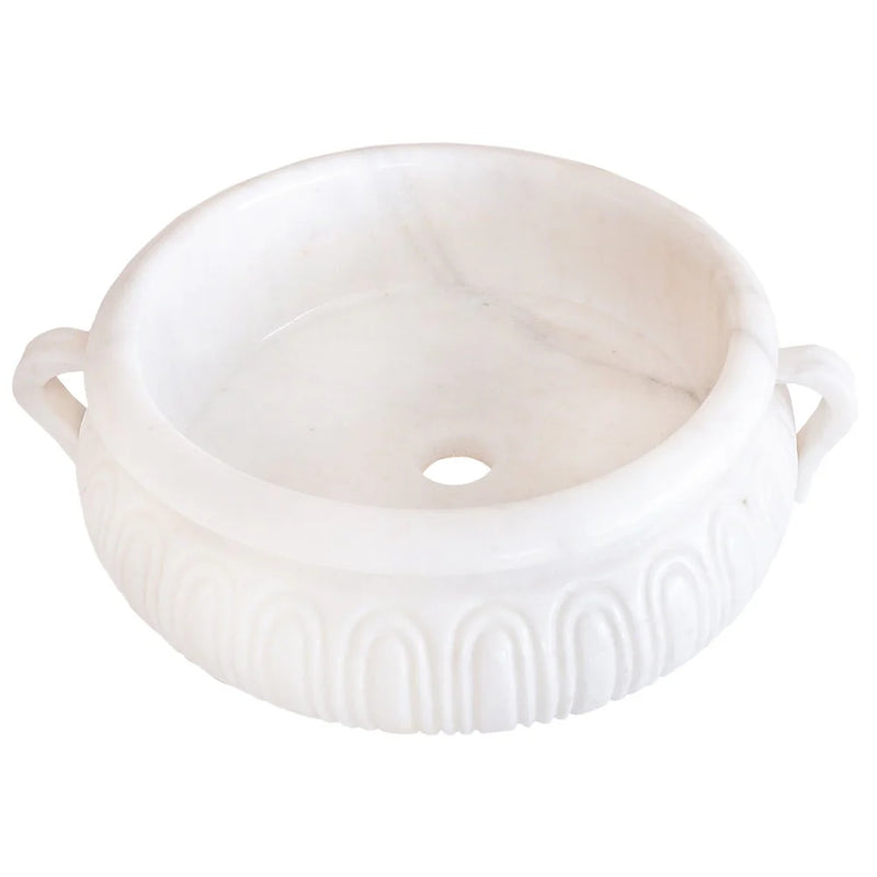 Calacatta White Marble Vessel Saucepan Shape Above Vanity Bathroom Sink (D)17" (H)6" angle view