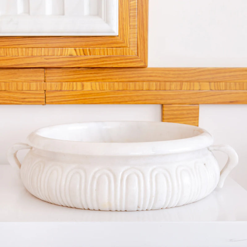 Calacatta White Marble Vessel Saucepan Shape Above Vanity Bathroom Sink (D)17" (H)6" side view