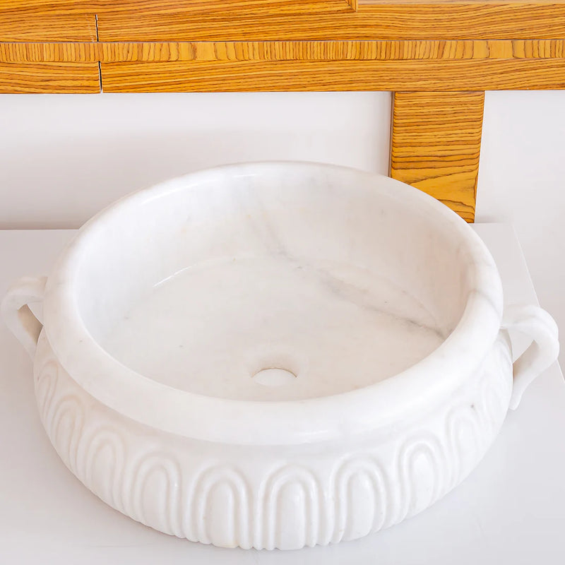 Calacatta White Marble Vessel Saucepan Shape Above Vanity Bathroom Sink (D)17" (H)6" angle view