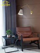 Gold lustre brass swing arm wall lamp for bedroom with white shade