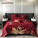Gold swan love red satin bedding set bedroom gold embroidery